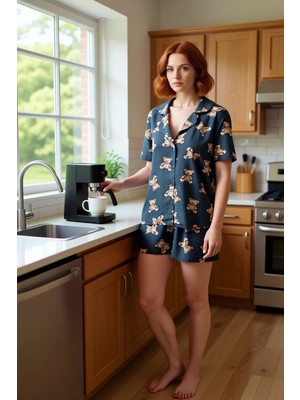 FRM Kadın Ayıcıklı Viskoz Pijama Gömlek ve Şort Takımı Fonksiyonel Dayanıklı Kaliteli Konforlu