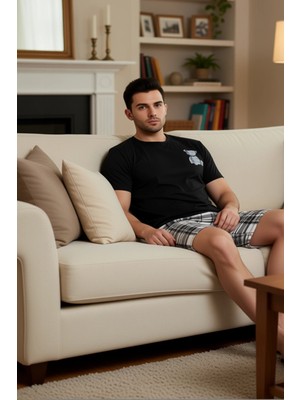 PayBuy Erkek Bisiklet Yaka Ekose Şortlu Pijama Takımı Fonksiyonel Dayanıklı Kaliteli Konforlu Şık