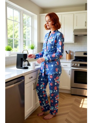 FRM Kadın Çiçekli V Yaka Örme Pijama Takımı Fonksiyonel Dayanıklı Kaliteli Konforlu Estetik Şık