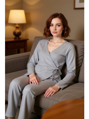 PayBuy Kadın Antrasit Kruvaze Yaka Bağlama Detaylı Örme Pijama Takımı Fonksiyonel Dayanıklı Rahat