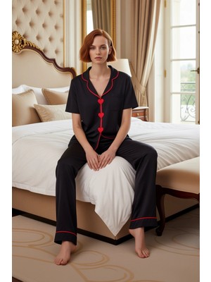 Ersefa Kadın Gömlek Yaka Kalp Nakışlı Pijama Takımı Fonksiyonel Dayanıklı Kaliteli Konforlu Rahat
