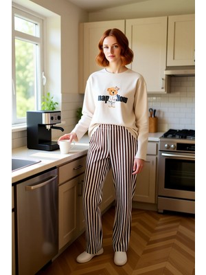 FRM Kadın Ayıcıklı Çizgili Pijama Fonksiyonel Dayanıklı Kaliteli Konforlu Estetik Premium Spor