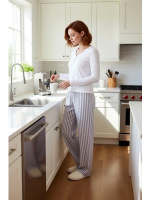 FRM Kadın Lila Çizgili Pijama Takımı Uzun Kollu Viskon Fonksiyonel Dayanıklı Kaliteli Konforlu