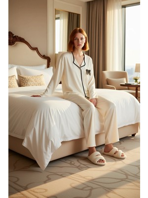 Ersefa Kadın Fiyonk Detaylı Viskoz Gömlek ve Pantolon Pijama Fonksiyonel Dayanıklı Kaliteli Rahat