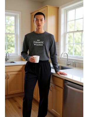 FRM Erkek Antrasit Baskılı Sweatshirt ve Pantolon Ev Giyim Takımı Fonksiyonel Dayanıklı Modern