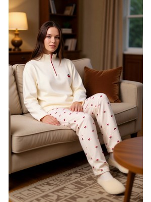 PayBuy Kadın Kiraz Desenli Waffle Fermuarlı Pijama Takımı Fonksiyonel Dayanıklı Kaliteli Konforlu
