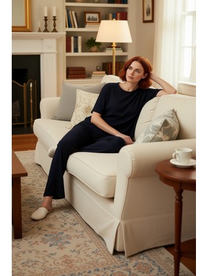 PayBuy Kadın Fitilli Bisiklet Yaka Kısa Kollu T Shirt ve Boru Paça Pantolon Lounge Takımı Estetik