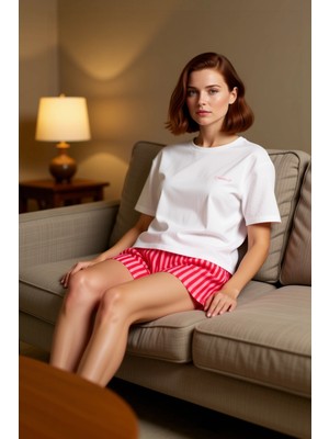 PayBuy Kadın Bisiklet Yaka Kısa Kollu Çizgili Şortlu Pijama Takımı Fonksiyonel Dayanıklı Kaliteli