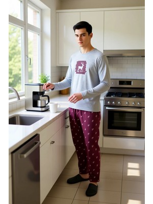 FRM Unisex Geyik Baskılı Bisiklet Yaka Pijama Takımı Fonksiyonel Dayanıklı Kaliteli Konforlu Şık