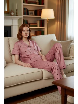 PayBuy Kadın Kalp Desenli Gömlek ve Pantolon Pijama Takımı Fonksiyonel Dayanıklı Kaliteli Estetik