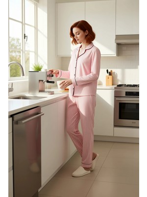 FRM Kadın Kışlık Çizgili Pijama Takımı Gömlek Yaka Fonksiyonel Dayanıklı Kaliteli Konforlu Şık