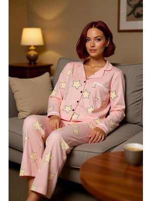 PayBuy Kadın Pudra Yıldız Desenli Gömlek Yaka Pijama Takımı Fonksiyonel Dayanıklı Kaliteli Modern
