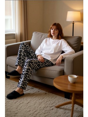 PayBuy Kadın Leopar Desenli Bisiklet Yaka Uzun Kollu Pijama Takımı Fonksiyonel Dayanıklı Kaliteli