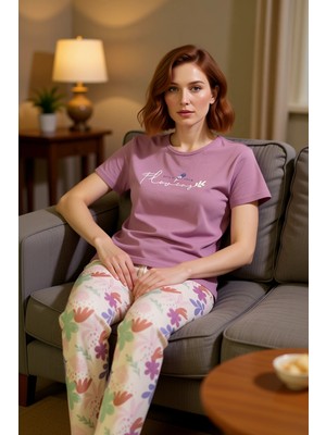 PayBuy Kadın Çiçekli Sloganlı Bisiklet Yaka Pijama Takımı Fonksiyonel Dayanıklı Kaliteli Konforlu