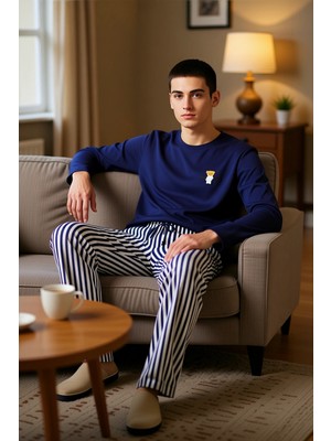 PayBuy Erkek Ayıcık Baskılı Bisiklet Yaka Uzun Kollu Pijama Takımı Fonksiyonel Dayanıklı Kaliteli