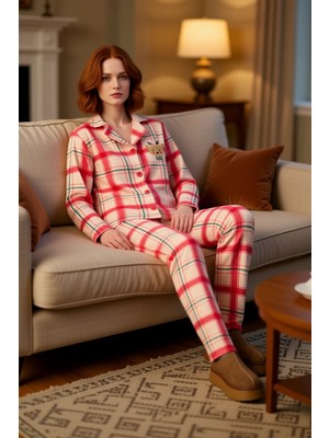 PayBuy Kadin Ekose Polar Pijama Takımı Kirmizi Detayli Fonksiyonel Dayanıklı Kaliteli Konforlu Şık