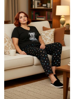 PayBuy Kadın Ayıcık Yıldız Desenli V Yaka Pijama Takımı Fonksiyonel Dayanıklı Kaliteli Konforlu Şık