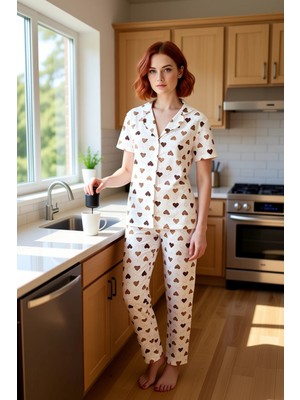 FRM Kadın Kalpli Gömlek Pantolon Pijama Takımı Fonksiyonel Dayanıklı Kaliteli Konforlu Estetik
