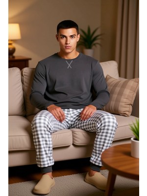 PayBuy Erkek Antrasit Bisiklet Yaka Ekose Desenli Pijama Takımı Fonksiyonel Dayanıklı Kaliteli Şık