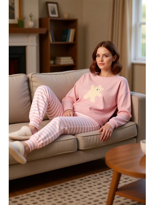 PayBuy Kadın Ayıcıklı Bisiklet Yaka Uzun Kollu Pijama Takımı Fonksiyonel Dayanıklı Kaliteli Rahat