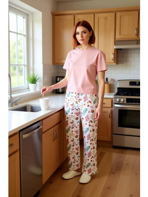 FRM Kadın Pudra Tropikal Desenli Ev Giyim Takımı Fonksiyonel Dayanıklı Kaliteli Konforlu Rahat