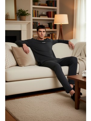 PayBuy Erkek Antrasit Bisiklet Yaka Baskılı Uzun Kollu Pijama Takımı Fonksiyonel Dayanıklı Modern