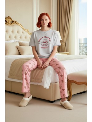 Ersefa Kadın Melanj Slogan Baskılı Ev Giyim Takımı Fonksiyonel Dayanıklı Kaliteli Konforlu Modern