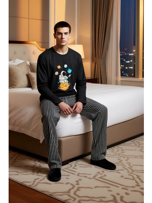 Ersefa Erkek Astronot Baskılı Çizgili Pijama Takımı Ev Giyimi Fonksiyonel Dayanıklı Kaliteli Spor