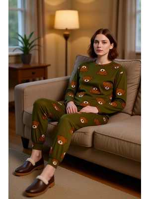 PayBuy Kadın Ayıcıklı Pijama Takımı Uzun Kollu Bisiklet Yaka Fonksiyonel Dayanıklı Kaliteli Rahat
