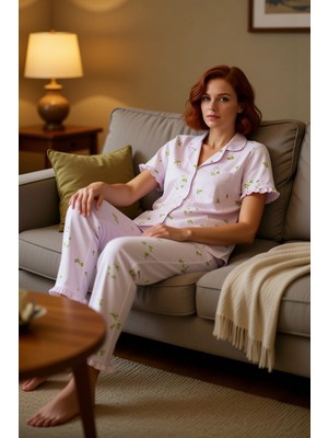 PayBuy Kadın Mint Çiçekli Fırfırlı Gömlek ve Pantolon Pijama Takımı Fonksiyonel Dayanıklı Estetik