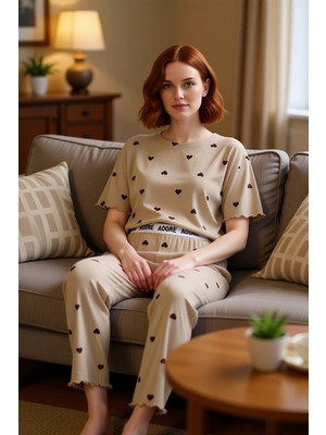 PayBuy Kadin Kalp Desenli Bisiklet Yaka Pijama Takımı Fonksiyonel Dayanıklı Kaliteli Konforlu Şık