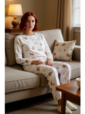 PayBuy Kadın Tavşan Desenli Pijama Takımı Uzun Kollu Bisiklet Yaka Fonksiyonel Dayanıklı Kaliteli