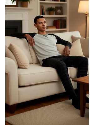 PayBuy Erkek Bisiklet Yaka Kareli Pijama Takımı Uzun Kollu Fonksiyonel Dayanıklı Kaliteli Estetik