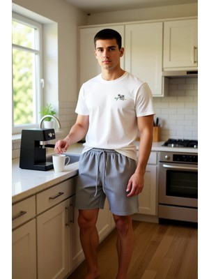 FRM Erkek Bisiklet Yaka Köpek Nakışlı Pijama Fonksiyonel Dayanıklı Kaliteli Konforlu Estetik Şık