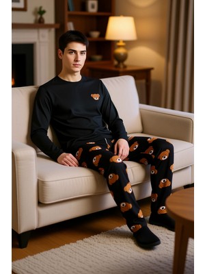 PayBuy Erkek Ayıcık Baskılı Bisiklet Yaka Pijama Takımı Fonksiyonel Dayanıklı Kaliteli Konforlu Şık