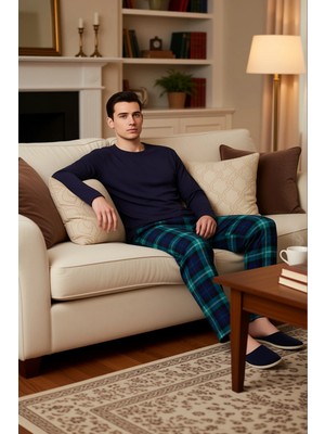 PayBuy Erkek Ekose Detaylı Pijama Takımı Bisiklet Yaka Fonksiyonel Dayanıklı Kaliteli Konforlu Şık