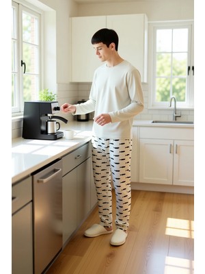 FRM Erkek Bisiklet Yaka Uzun Kollu Pijama Takımı Hayvan Baskılı Fonksiyonel Dayanıklı Kaliteli