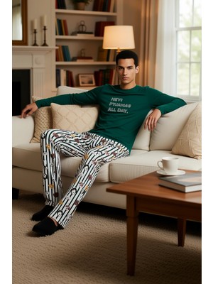 PayBuy Erkek Bisiklet Yaka Baskılı Uzun Kollu Pijama Takımı Fonksiyonel Dayanıklı Kaliteli Modern