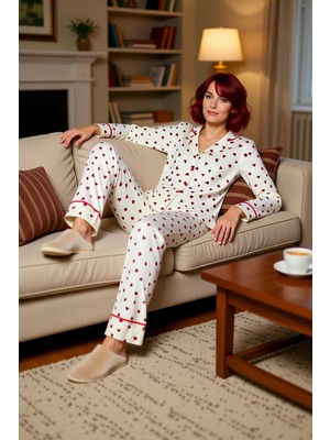 PayBuy Kadın Kalp Desenli Gömlek Yaka Pijama Takımı Fonksiyonel Dayanıklı Kaliteli Konforlu Rahat