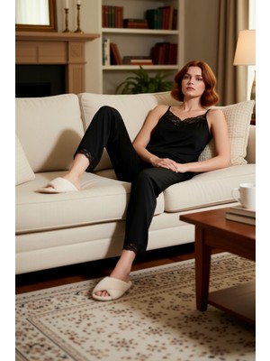 PayBuy Kadın Viskon Dantel Detaylı Ince Askılı Pijama Takımı Fonksiyonel Dayanıklı Kaliteli Rahat