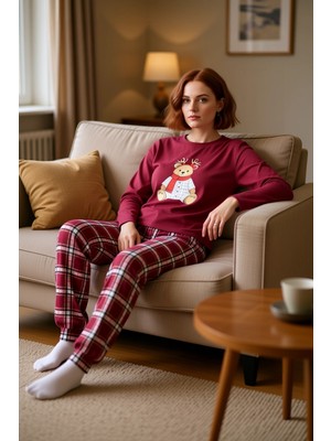 PayBuy Kadın Kışlık Yılbaşı Temalı Bisiklet Yaka Pijama Takımı Fonksiyonel Dayanıklı Kaliteli Şık