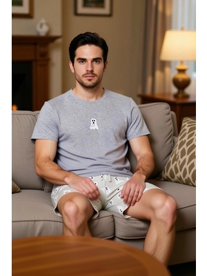 PayBuy Erkek Hayalet Desenli Bisiklet Yaka Pijama Takımı Fonksiyonel Dayanıklı Kaliteli Konforlu Şık