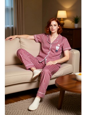 PayBuy Kadın Çizgili Hayvan Baskılı Gömlek ve Pantolon Pijama Takımı Fonksiyonel Dayanıklı Modern