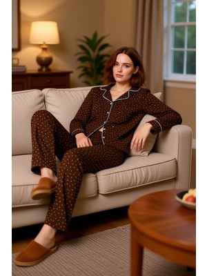 PayBuy Kadın Kalp Desenli Müslin Pijama Takımı Gömlek Yaka Uzun Kollu Fonksiyonel Dayanıklı Rahat