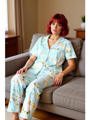 PayBuy Kadın Çiçek Desenli Gömlek Yaka Pijama Takımı Fonksiyonel Dayanıklı Kaliteli Konforlu Spor