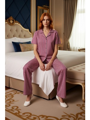 Ersefa Kadın Gömlek Yaka Çizgili Pijama Takımı Ev Giyim Fonksiyonel Dayanıklı Kaliteli Konforlu Şık
