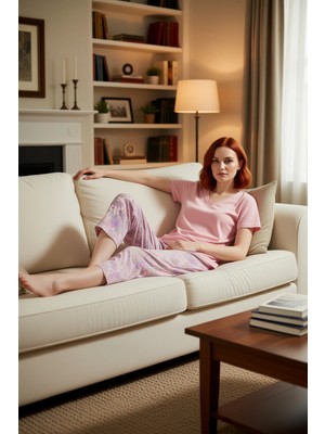 PayBuy Kadın Çiçekli Bisiklet Yaka Kapri Pijama Takımı Fonksiyonel Dayanıklı Kaliteli Konforlu Şık