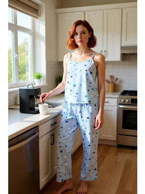 FRM Kadın Yıldız Baskılı Ince Askılı Pijama Takımı Fonksiyonel Dayanıklı Kaliteli Konforlu Şık
