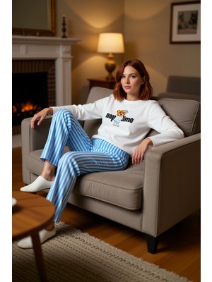 PayBuy Kadın Ayıcıklı Çizgili Pijama Takımı Fonksiyonel Dayanıklı Kaliteli Konforlu Estetik Rahat