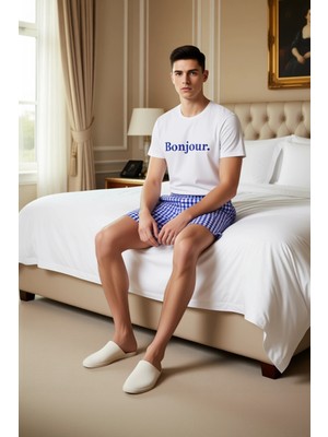 Ersefa Erkek Bonjour Baskılı Bisiklet Yaka Şortlu Pijama Takımı Fonksiyonel Dayanıklı Kaliteli Şık